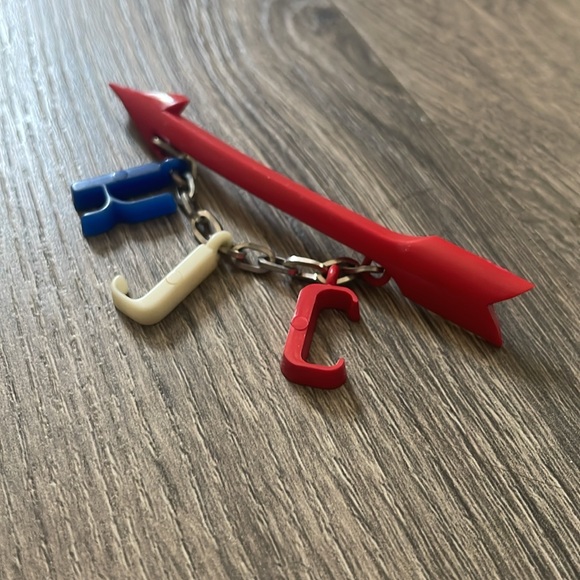 1940s Celluloid Early Plastic Patriotic Red Arrow Brooch w Charms K J C Initials - Picture 4 of 17